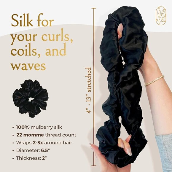 Silk Scrunchies Mulberry Large Hair Ties for Curly Thick and Thin Hair Black main image 4